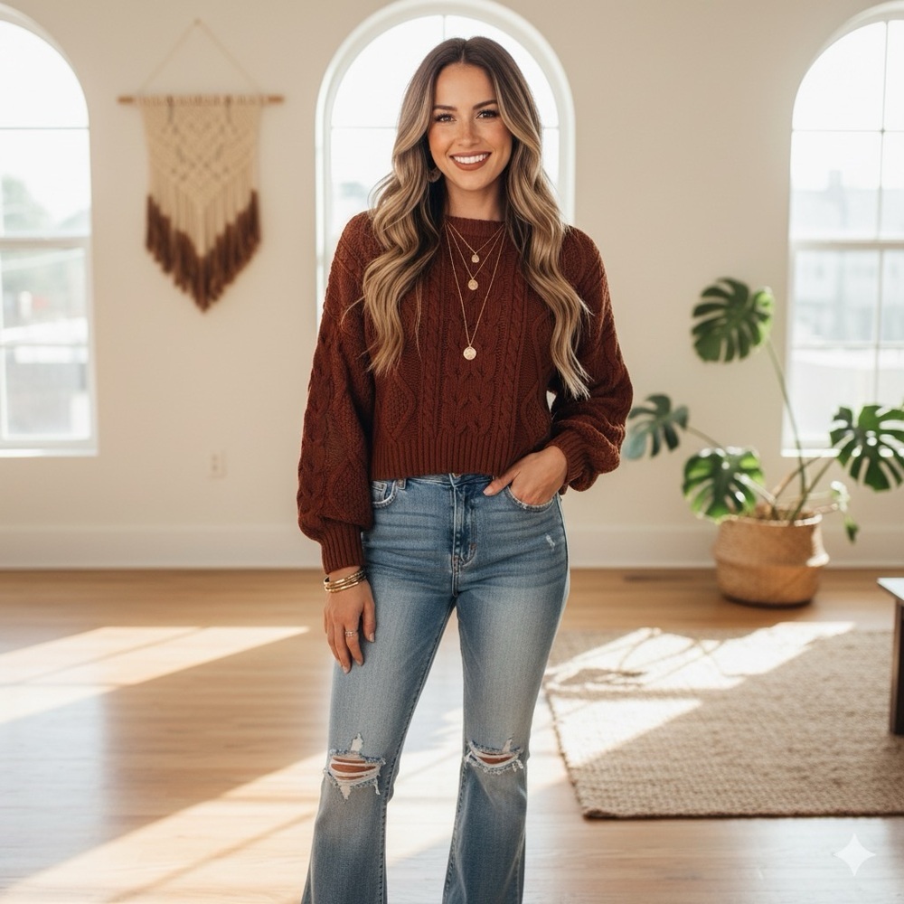 Arizona Jean co cropped cable knit sweater boho‎ fall cottagecore rust (M)